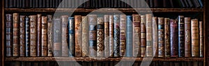 Old books on wooden shelf. Many of beautiful retro book covers, skins. Bookshelf history theme grunge background. Concept on the