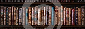 Old books on wooden shelf. Tiled Bookshelf background.  Concept on the theme of history, nostalgia, old age. Retro style