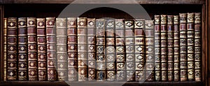 Old books on wooden shelf. Tiled Bookshelf background.