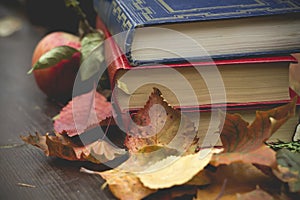 old books on a wooden table outdoors in autumn