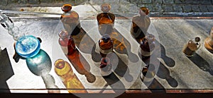 Old bottles of pharmacy in the sunlight, Rio, Brazil