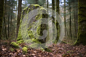 old boundary stone covered in moss in forest