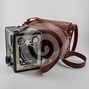 Old box camera with a leatherbag