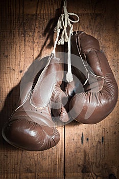 Old Boxing Gloves, hanging on wooden wall