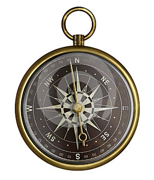 Old brass antique compass with dark face isolated