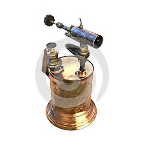 Old brass blow torch with wooden handle and bronze nozzle 3d illustration
