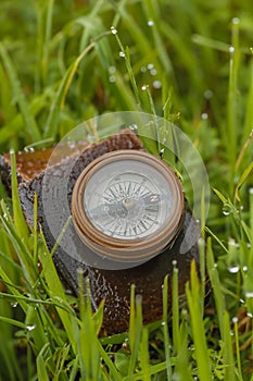 Old brass compass on a worn leather case and grass