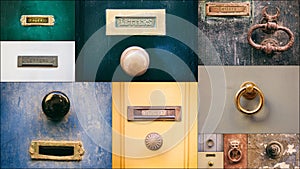 Old brass door mail letter boxes, door knockers and door knobs collage