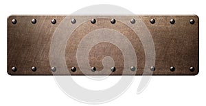 Old brass plate with rivets isolated on white background. 3d illustration