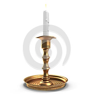 Old brass plated candlestick with candle isolated on white. 3D illustration