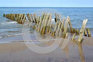 Old breakwater on the shores of the Baltic Sea. Kaliningrad region