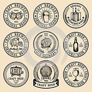 Old brewery logos set. Kraft beer retro signs with hand sketched glass, barrel, bottle etc. Vector lager, ale labels.