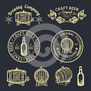 Old brewery logos set. Kraft beer retro signs with hand sketched glass, barrel, bottle etc. Vector lager, ale labels.