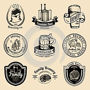 Old brewery logos set. Kraft beer retro signs with hand sketched glass, barrel etc. Vector homebrewing labels or badges.