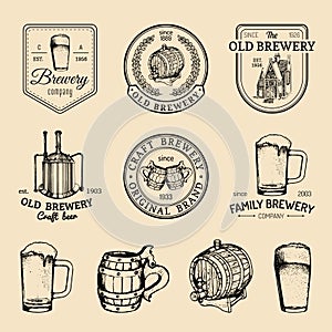 Old brewery logos set. Kraft beer retro signs with hand sketched glass, barrel etc. Vector vintage ale, lager labels.