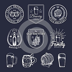 Old brewery logos set. Kraft beer retro signs with hand sketched glass, barrel etc. Vector vintage ale, lager labels.