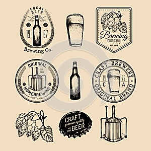 Old brewery logos set. Kraft beer retro signs with hand sketched glass, barrel etc. Vector vintage homebrewing badges.