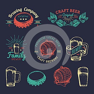 Old brewery logos set. Kraft beer retro signs with hand sketched glass, barrel etc. Vector vintage homebrewing badges.