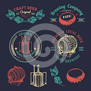 Old brewery logos set. Kraft beer retro signs with hand sketched glass, barrel etc. Vector vintage homebrewing badges.