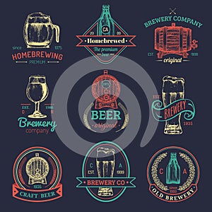Old brewery logos set. Kraft beer retro signs or icons with hand sketched glass,barrel etc.Vector vintage labels,badges.