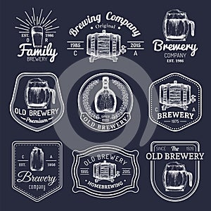 Old brewery logos set. Kraft beer retro signs or icons with hand sketched glass, barrel, mug etc. Vector vintage labels.