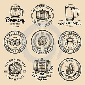 Old brewery logos set. Kraft beer retro signs or icons with hand sketched glass, barrel, mug etc. Vector vintage labels.