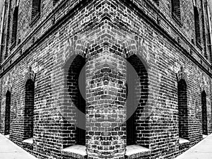 Old brick building in black and white