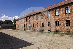 Old brick buildings in Auschwitz I camp
