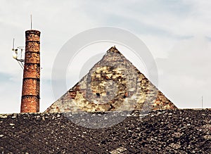 Old brick chimney and roof, retro architectural scene