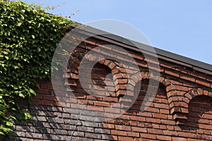 Old Brick Factory Wall and Roofline - Arches and Ivy