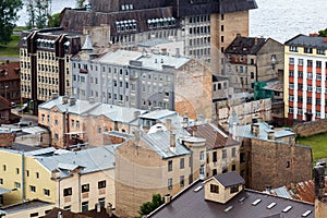 Old brick houses with rusty roofs, Riga, Latvia top view