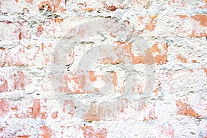 Old brick wall. Abstract grunge background with brick wall texture. Red broken bric and white concrete.