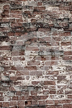 An old brick wall. Antique red brick background with white interlayer between bricks. Vertical Photo