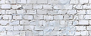 Old brick wall background, painted in white color, template for horizontal banner