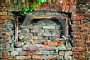 Old brick wall background with window. Free copy space for design or text