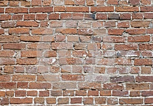 Old brick wall. Brickwork from an old brick in a rustic style. The structure and pattern of the destroyed stone wall. Copy space