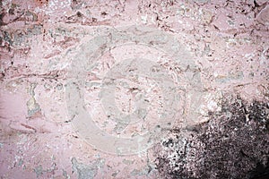 old brick wall. cracked concrete. pink, brown texture. vintage background. rustic style, mold.