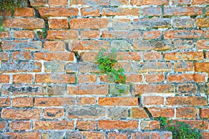 Old brick wall cracked and damaged with a deep diagonal crack