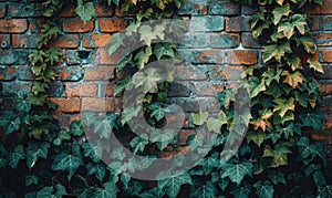 Old brick wall with green ivy leaves. Natural vintage background