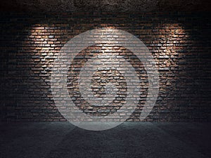 Old brick wall illuminated by spotlights photo