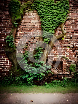 old brick wall with ivy and roots banyan tree, Ai generated