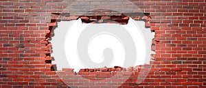 Old brick wall with a large hole in the middle. Abstract background in red and gray. Copy space
