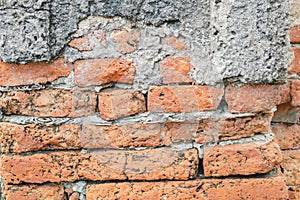 Old brick wall with peeling plaster, grunge background