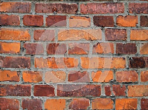 Old brick wall, old texture of red stone blocks closeup.