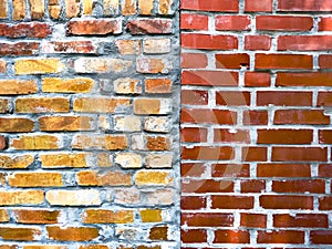 Old brick wall texture, yellow and red brickwork pattern as background