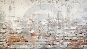 Old brick wall with white damaged plaster, paint texture background