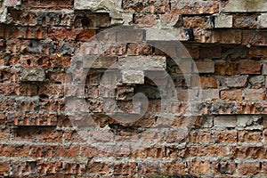 Old brickwork. A fragment of a collapsing wall. Textured background image