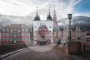 Old Bridge, Bruckentor and Church of the Holy Spirit (Heiliggeistkirche) tower - Heidelberg, Germany