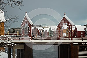 Old bridge called Gamle Bybro. Trondheim in Norway in winter time