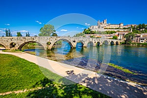 Old Bridge And Cathedral In Beziers, France